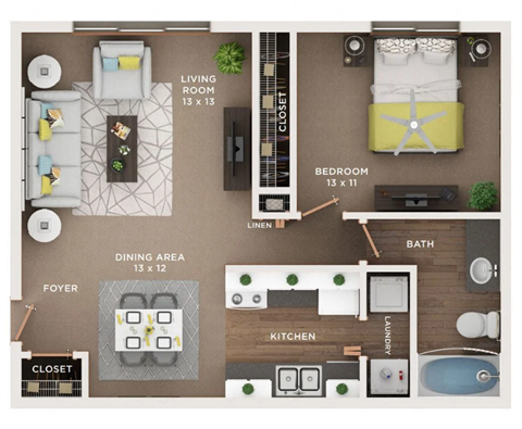 Floor plan for 2 beds, 1 bath, 1004 sqft
